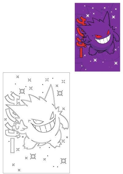 A vibrant purple Gengar Pokemon with red eyes and a wide grin against a starry cosmic background, accompanied by its black outline line art.