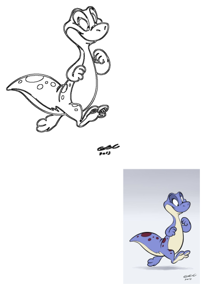 A cute cartoon lizard character avatar illustration. Features a playful, energetic reptile, shown as both a black and white outline and a colored image.