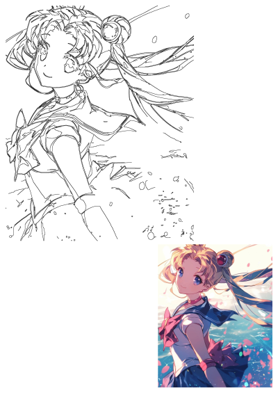 Detailed line art of Sailor Moon in her classic uniform, featuring her iconic flowing hair, paired with a vibrant colored anime art tribute.