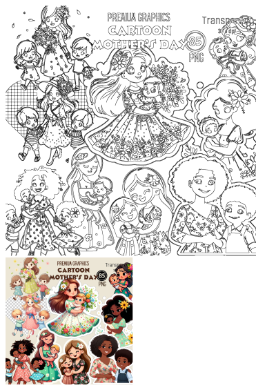 Mothers Day clipart depicting diverse women with children in their arms and holding hands. Celebrates the bond between mother and child.