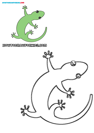 Learn how to draw a cute green lizard or gecko with this drawing tutorial, featuring both a colored example and a blank outline for practice.