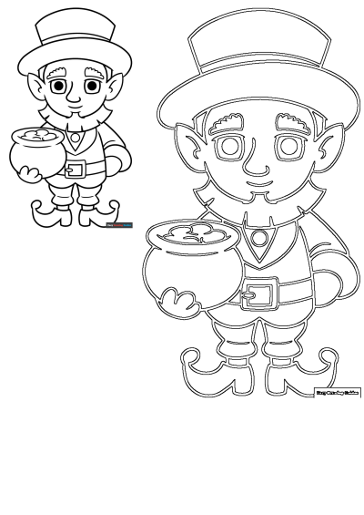 A black and white outline drawing of a cheerful leprechaun wearing a tall hat and holding a pot of gold. Perfect for St. Patrick's Day activities.