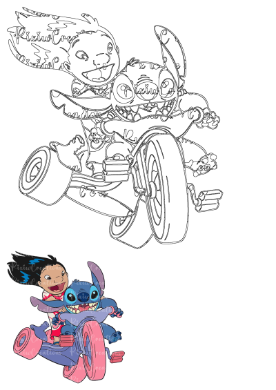 Lilo and Stitch happily riding a cute pink and blue toy car, a fun Disney cartoon illustration perfect for fans.