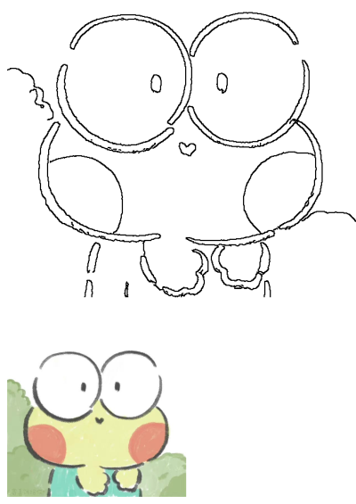 A cute green frog drawing with rosy cheeks and one eye closed, peeking from lush green trees. Includes a black outline art version.