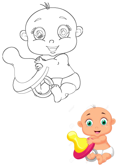 An adorable cartoon baby with big green eyes and a cheerful smile, sitting happily while holding a large yellow and pink pacifier.