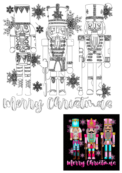 Festive Christmas Nutcracker soldiers with ornate details, sparkling snowflakes, and 'Merry Christmas' text, a joyful holiday design.