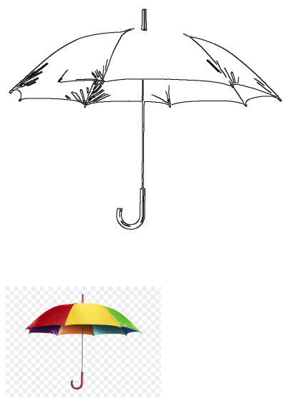 Vibrant colorful umbrella featuring multiple bright segments (red, yellow, green, blue) and a striking red curved handle, isolated.
