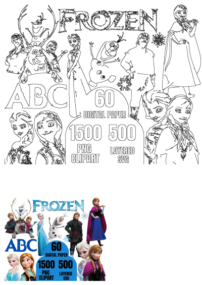 Frozen digital bundle featuring Elsa, Anna, Olaf, Kristoff, Sven, in outline and color. Includes PNG clipart, layered SVG, ABC letters, and numbers for crafts.
