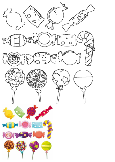 A collection of outlines and vibrant illustrations of assorted candies and lollipops, including wrapped sweets and spiral lollipops.