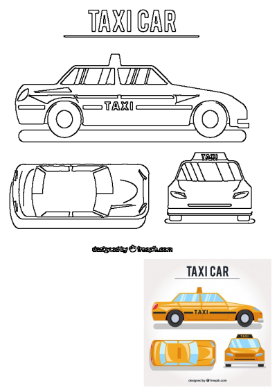 Flat style taxi cab shown from front, side, and top views, featuring both minimalist outline drawings and vibrant colored versions.