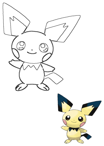 A cute cartoon Pichu with big eyes, standing, shown in color and as an outline. This image is relevant to 'Cartoon Pikachu With Big Eyes Sitting Down'.