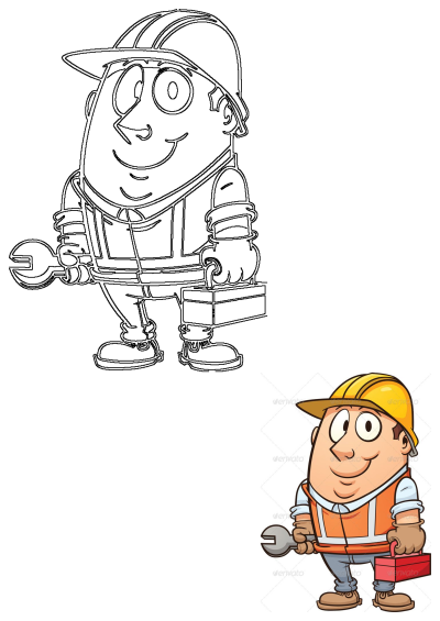 A friendly cartoon construction worker wearing a hard hat and safety vest, holding a large wrench and a red toolbox.