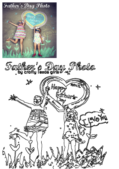 Two adorable girls celebrate Father's Day with colorful chalk art on pavement, featuring a 'Happy Father's Day' heart and 'I Love You' message.