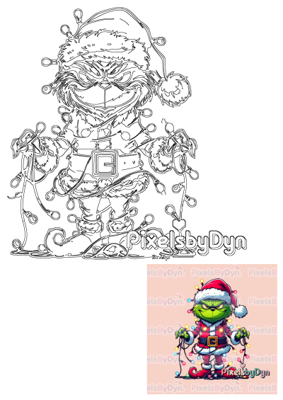 An outline illustration of the Grinch, wearing a Santa suit and tangled in Christmas lights, perfect for festive cartoon designs.
