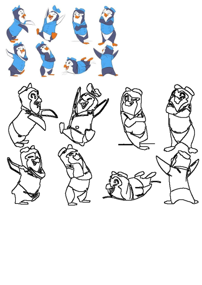 A collection of cartoon penguins in blue uniforms, displaying various expressive poses, featured in both full-color and line-art versions.