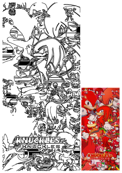 Knuckles the Echidna retro gaming fan art collage, split between a vibrant colored section and a detailed outline illustration.
