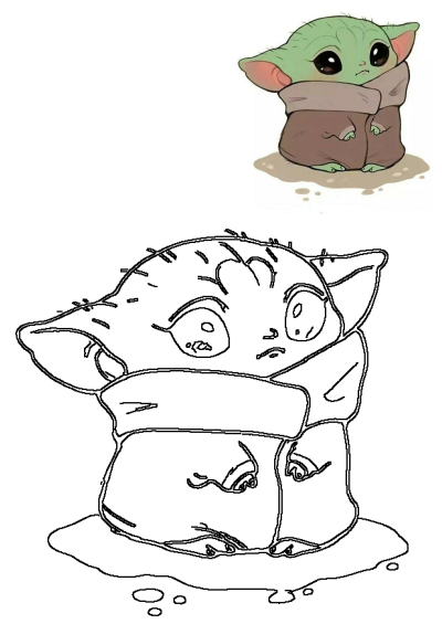 A cute Baby Yoda (Grogu) sitting down and hugging himself, shown as both a vibrant illustration and a ready-to-color outline.