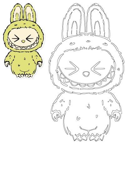 A cute yet mischievous cartoon green monster bunny with large ears, sharp teeth, and a wide grin. Features both colored and outline versions.