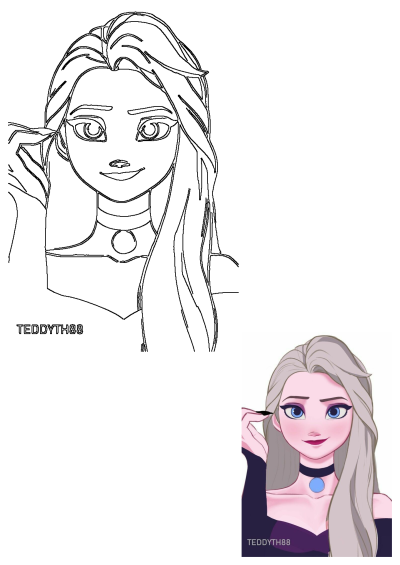 Animated Elsa-inspired character with silver hair and blue eyes applying makeup. Features both line art and vibrant colored versions.