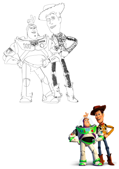 Buzz Lightyear and Woody, the beloved Toy Story characters, shown in both line art and colored versions, with Buzz making a peace sign.