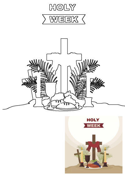 SEO-friendly outline of Holy Week symbols: crosses, bread, wine chalice, palm leaves, and candles. Ideal for religious themes.