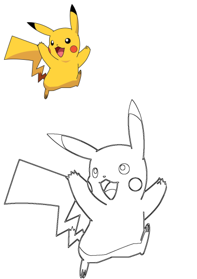 A joyful flying Pikachu cartoon Pokemon character illustration, vibrant yellow, with an outline drawing of the same pose below.