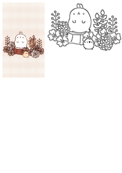Cute Molang cartoon character illustration with a chick surrounded by flowers, shown alongside its line art outline version.