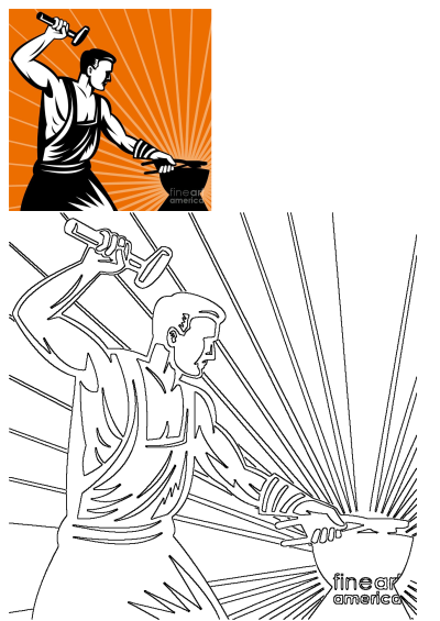 A retro woodcut style illustration of a blacksmith hammering metal on an anvil, with sunburst rays in the background, showcasing craftsmanship.