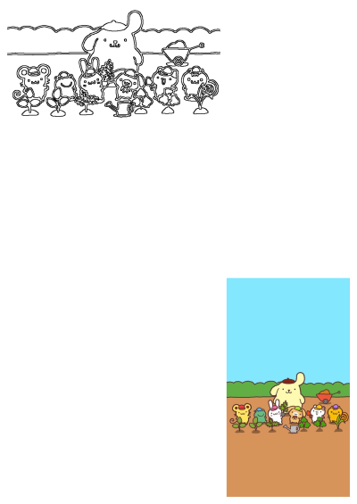 Pompompurin and his cute animal friends, including a rabbit and frog, are happily gardening, planting and watering vegetables.