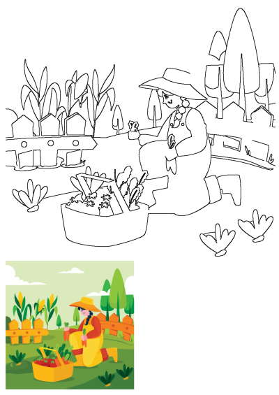 A woman in a hat and overalls kneels in a vibrant garden, harvesting fresh vegetables into a yellow container.