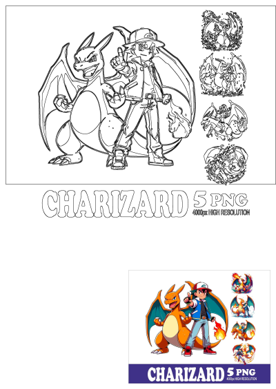 Charizard Pokemon character art with Ash Ketchum, featuring detailed line art and vibrant color illustrations in multiple poses.