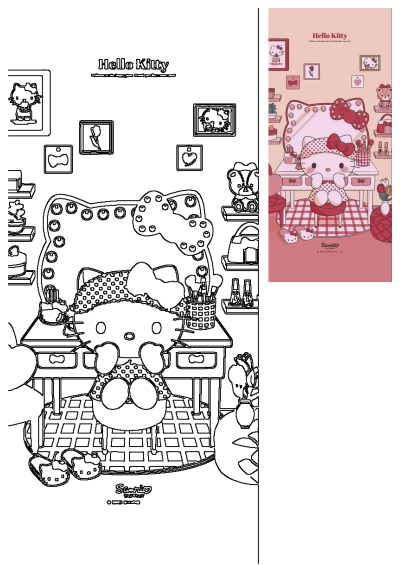 A charming Hello Kitty in a pink polka dot dress sits at her pink makeup vanity with a themed mirror, surrounded by beauty items.