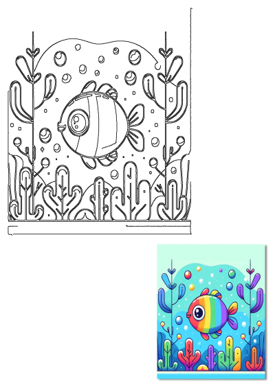 This Cute Fish Ocean Illustration features an outline drawing and a vibrant, colorful image of a cheerful rainbow fish in the sea.