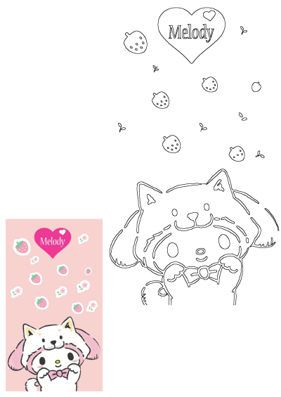 Cute My Melody character in a cat hat with a pink bow tie, surrounded by strawberries on a pink background. Includes an outline version.