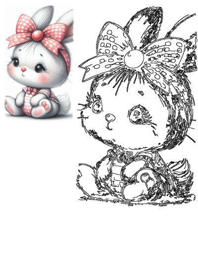 An adorable white bunny drawing featuring a pink polka dot bow, rosy cheeks, and a striped shirt. This cute sitting rabbit is perfect for kids.