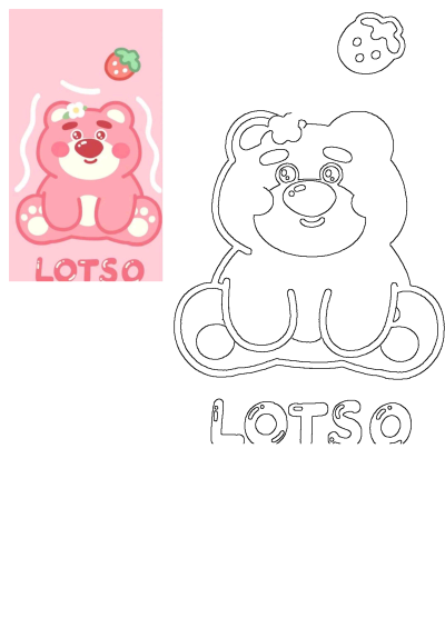 Cute pink Lotso bear with a flower on its head, strawberry, and 'LOTSO' text on a pink background. Features an outline version for coloring.