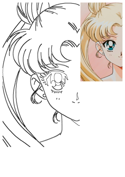 Close-up anime eye drawing outline of Sailor Moon, featuring her blonde hair and blue eye, with a colored reference image.