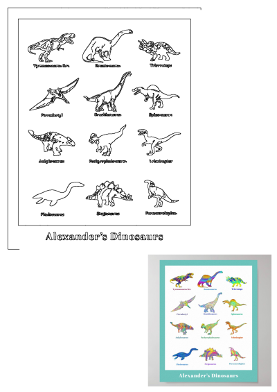Alexander's Dinosaurs poster displaying various dinosaur types, including T-Rex, Brontosaurus, and Stegosaurus, in both outline and vibrant styles.