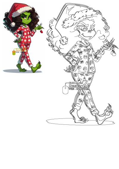 Female Christmas Grinch cartoon drawing in Santa pajamas and hat, with green skin and curly hair, holding festive Christmas ornaments.