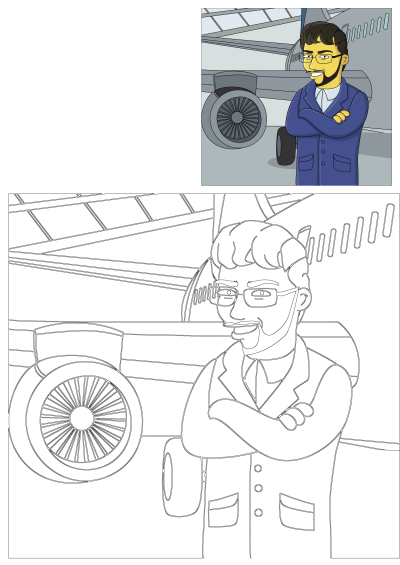 A happy Simpsons-style man with yellow skin, glasses, and a beard, in a blue suit, arms crossed by an airplane engine.