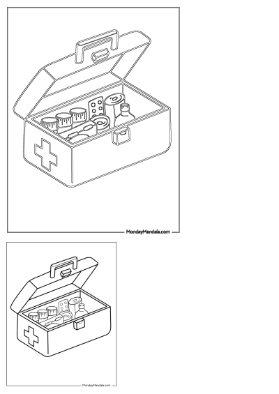 Outline of an open medical supplies suitcase with bottles, pills, and other first aid items for adults and children to color.