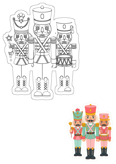 Detailed line art of three festive nutcracker soldiers, one with a star wand and another with a drum, perfect for holiday crafts.