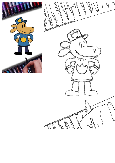 A vibrant Dog Man cartoon character in police uniform and hat, an outline for drawing, alongside colorful markers and a hand at work.