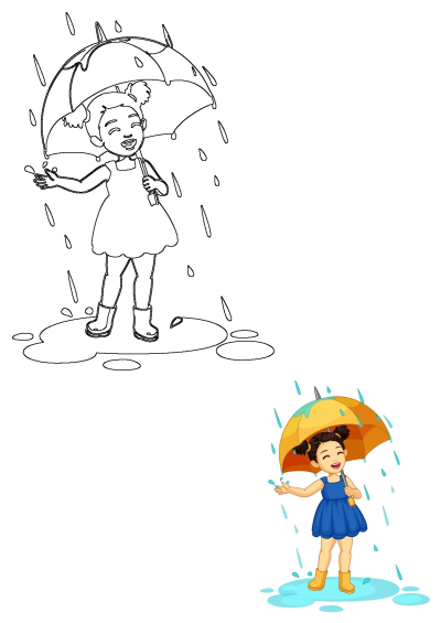 Happy cartoon girl with yellow umbrella in blue dress and boots splashes in puddles, enjoying rain. Also features an outline version.