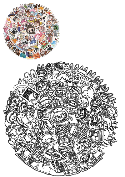 A vibrant collection of circle-shaped stickers featuring unique bunny and monster faces, perfect for personalizing items.