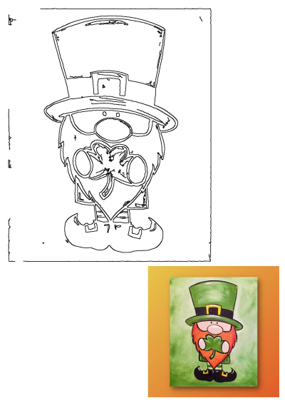 Cute leprechaun painting for St. Patrick's Day, featuring a gnome-like figure in a green hat with a red beard holding a shamrock leaf.