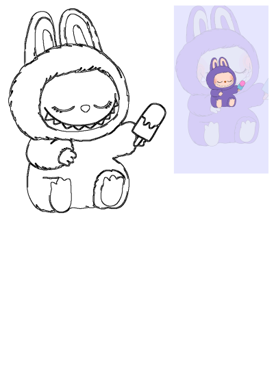 Cute purple bunny character enjoying a popsicle. Adorable rabbit in a furry hooded costume with closed eyes and a happy smile.