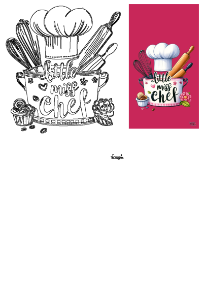 A vibrant cartoon image of a 'Little Miss Chef' pot with a chef hat, whisks, rolling pins, and baking treats.