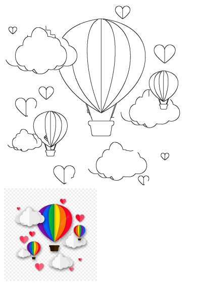 Colorful paper-cut hot air balloons, clouds, and hearts soar alongside black outline drawings, perfect for whimsical designs.