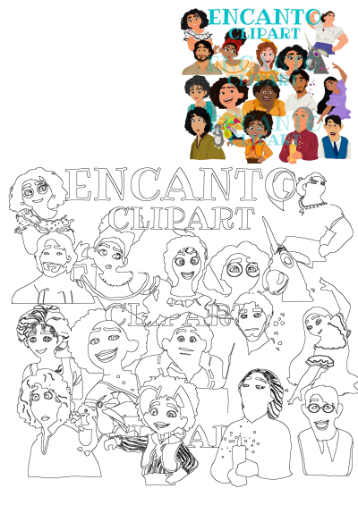 Encanto Characters clipart featuring smiling, happy Madrigal family. Includes colorful digital art and black-and-white outline drawings.